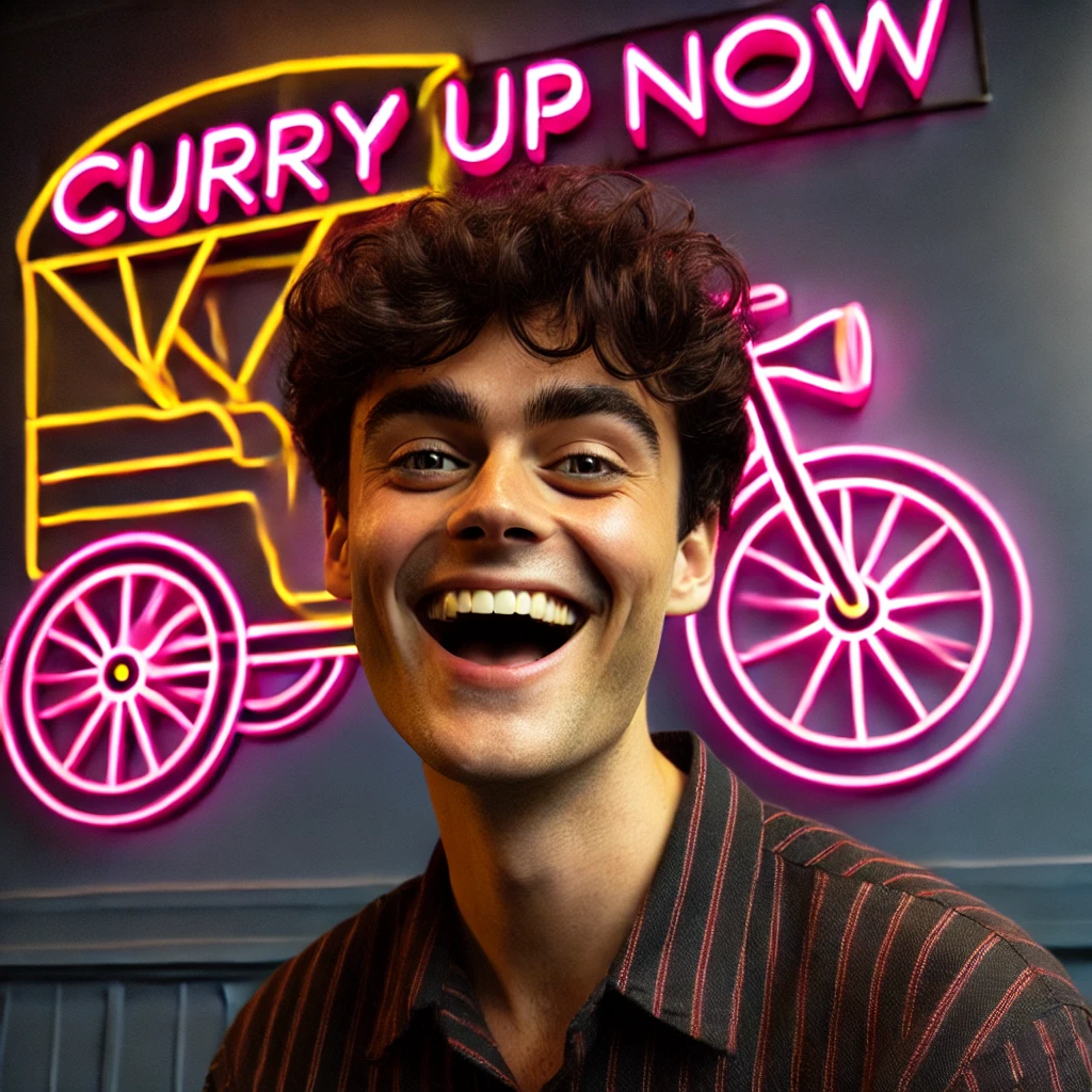 
The image features a young man with short, curly dark hair and light skin, smiling widely with an open mouth. He is wearing a dark-colored, striped button-up shirt. Behind him, there is a neon sign that reads "CURRY UP NOW" in bright pink, with a stylized design that includes two wheels, resembling a rickshaw or food cart. The background wall is a dark blue or gray color. The overall scene gives off a fun and energetic atmosphere, possibly in a restaurant or casual dining spot. Generated via AI telephone from an image that the real ones will recognize.
