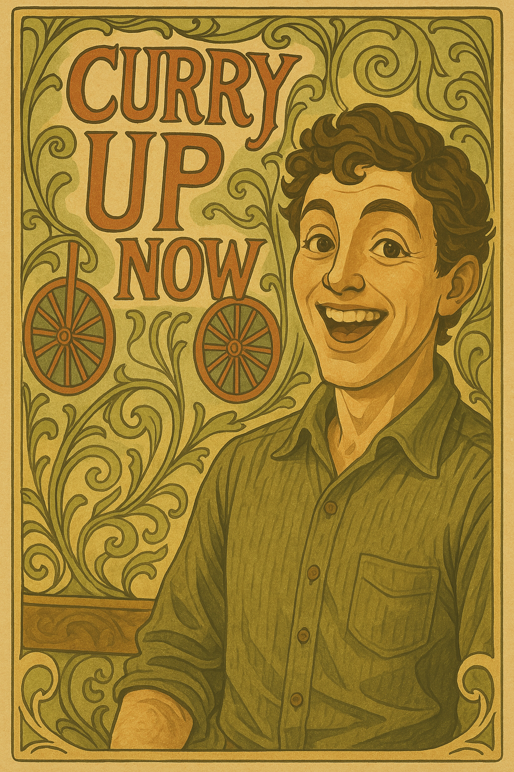 
The image features a young man with short, curly dark hair and light skin, smiling widely with an open mouth. He is wearing a dark-colored, striped button-up shirt. Behind him, there is a neon sign that reads "CURRY UP NOW" in bright pink, with a stylized design that includes two wheels, resembling a rickshaw or food cart. The background wall is a dark blue or gray color. The overall scene gives off a fun and energetic atmosphere, possibly in a restaurant or casual dining spot. Generated via AI telephone from an image that the real ones will recognize.
